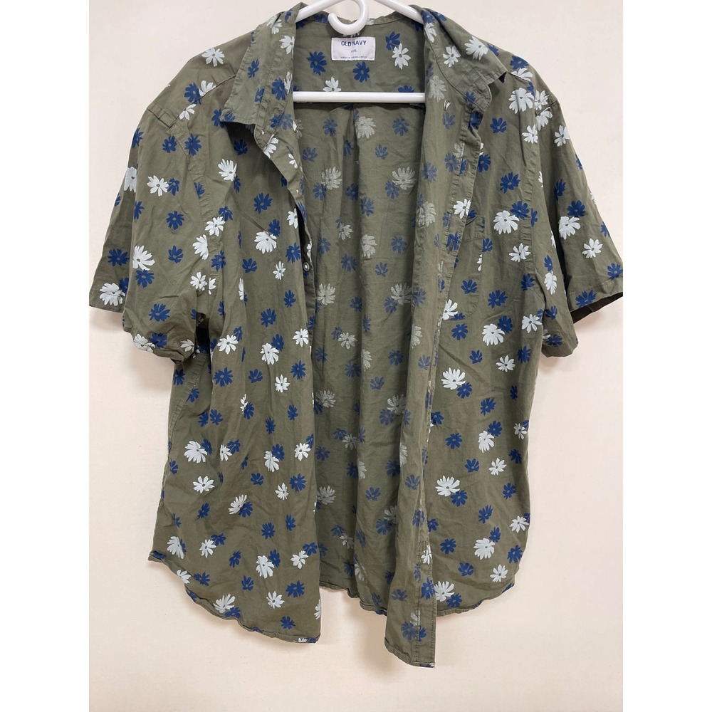 Old Navy Mens XXL Olive Green Blue White Floral Daisy Short Sleeve Button Down